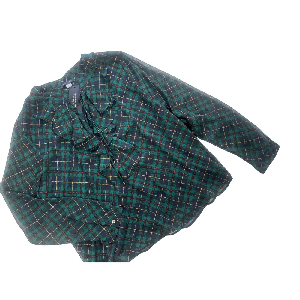 NWT Tommy Hilfiger Women's XL Green Plaid Ruffle Tie Neck Blouse Wrinkle Free‎